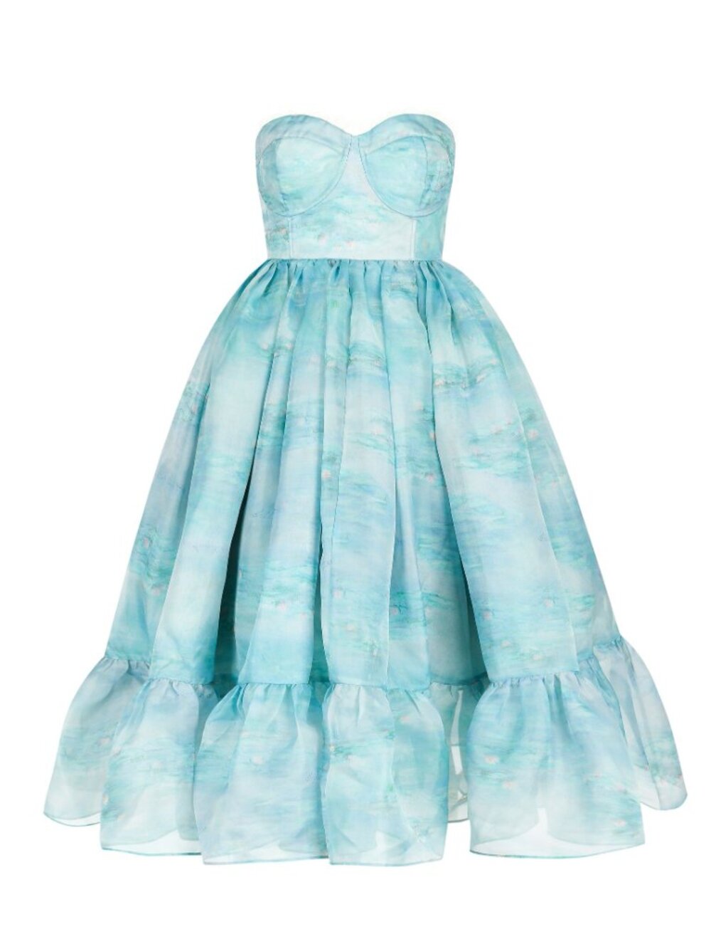 Selkie The Water Lilies Monet French Corset Puff Blue Strapless Ruffled Dress